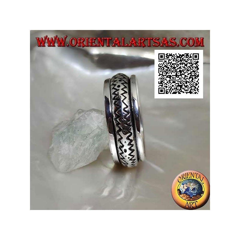 Bague en argent rotative anti-stress, arrondie avec double ligne en zigzag gravée