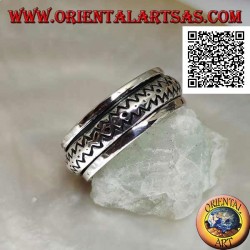 Bague en argent rotative anti-stress, arrondie avec double ligne en zigzag gravée