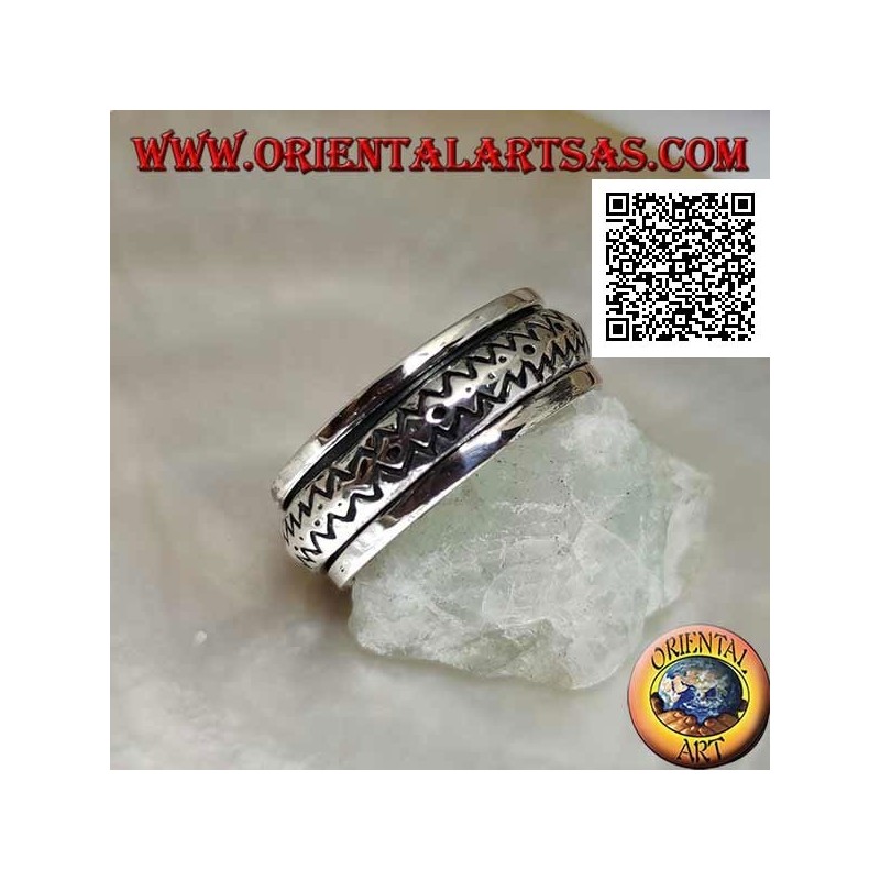 Anello fedina in argento girevole antistress, bombato con doppia linea zig zag incisa