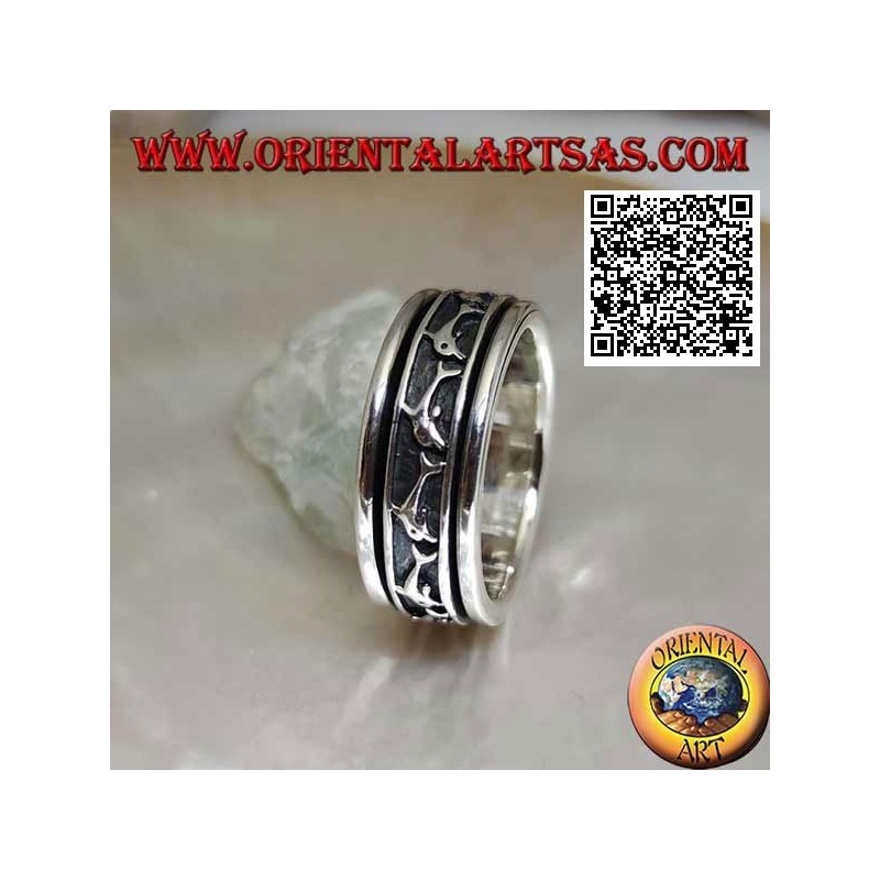 Bague en argent tournante anti-stress, avec une série de dauphins sauteurs en bas-relief