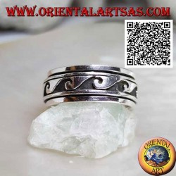 Anillo de plata giratorio antiestrés, grandes ondas sucesivas en bajorrelieve