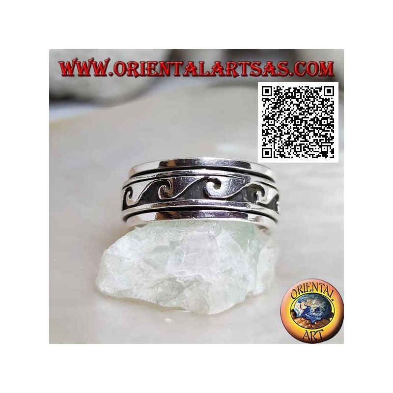 Anti-stress rotating silver ring, large waves in bas-relief in succession
