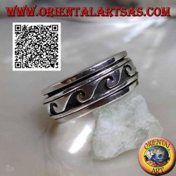 Anillo de plata giratorio antiestrés, grandes ondas sucesivas en bajorrelieve