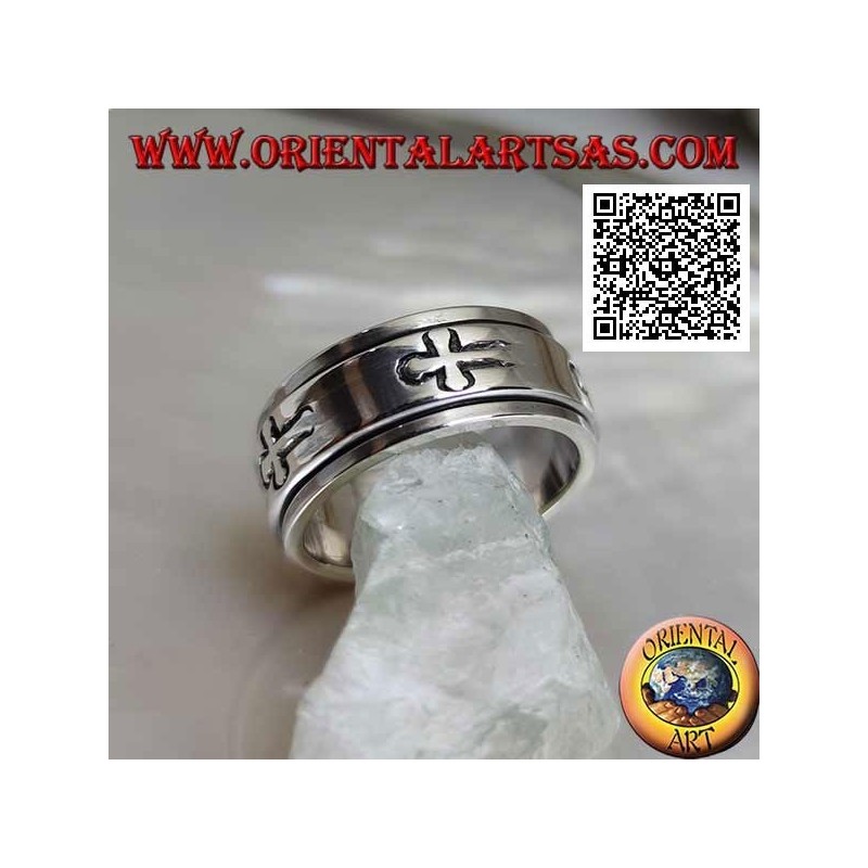 Bague en argent antistress rotative, lisse avec croix latines gravées