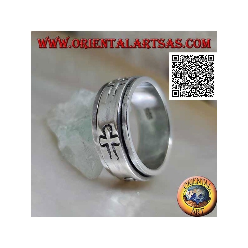Anello fedina in argento girevole antistress, liscio con croci latine incise
