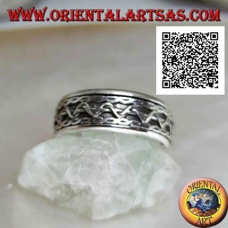 Anello fedina in argento girevole antistress, linee intrecciate con movimento ad onda centrale