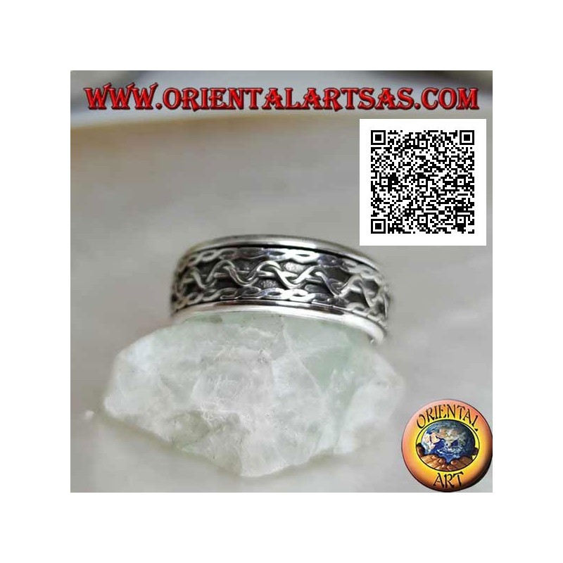Anti-stress rotating silver ring, intertwined lines with central wave movement