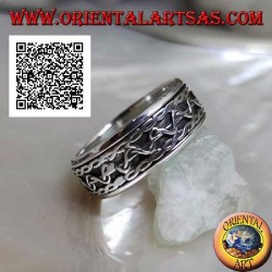 Anti-stress rotating silver ring, intertwined lines with central wave movement