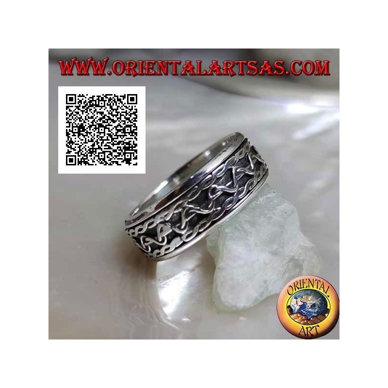 Anillo de plata giratorio antiestrés, líneas entrelazadas con movimiento de onda central