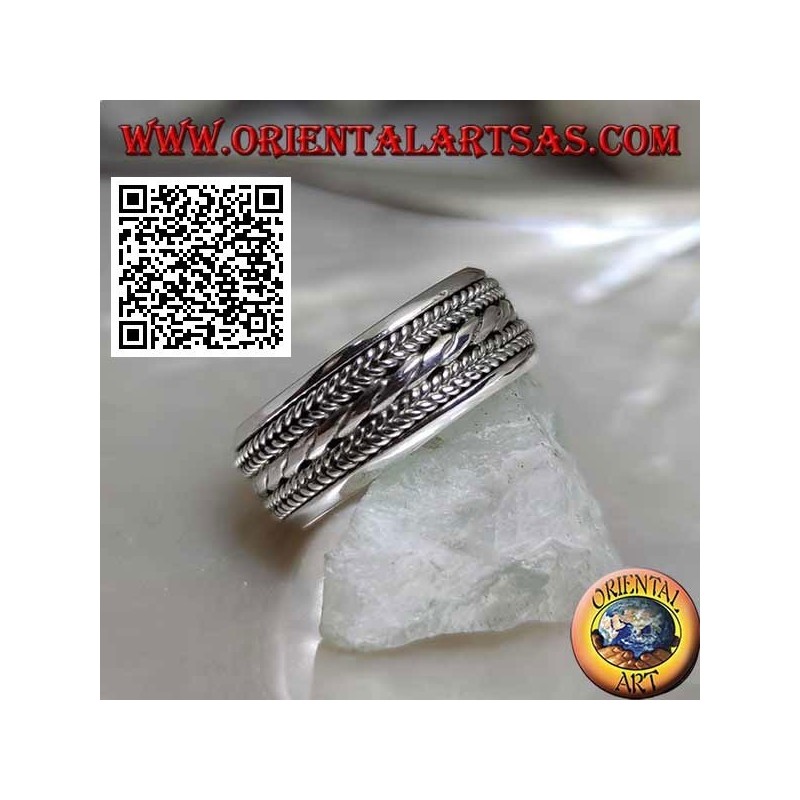 Anello fedina in argento girevole antistress, cordino tra intreccio