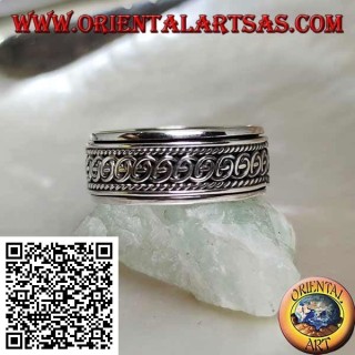 Anti-stress rotating silver band ring, intertwining semicircles between cords