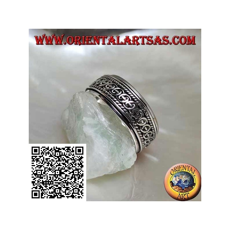 Anti-stress rotating silver band ring, intertwining semicircles between cords
