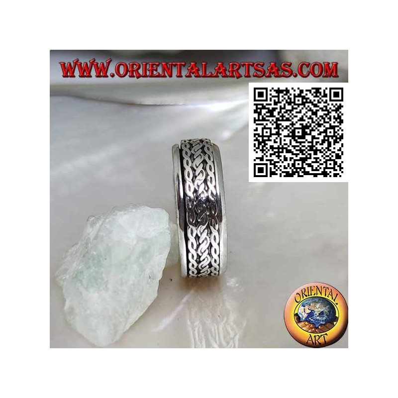 Anti-stress rotating silver band ring, cord rolled between intertwining
