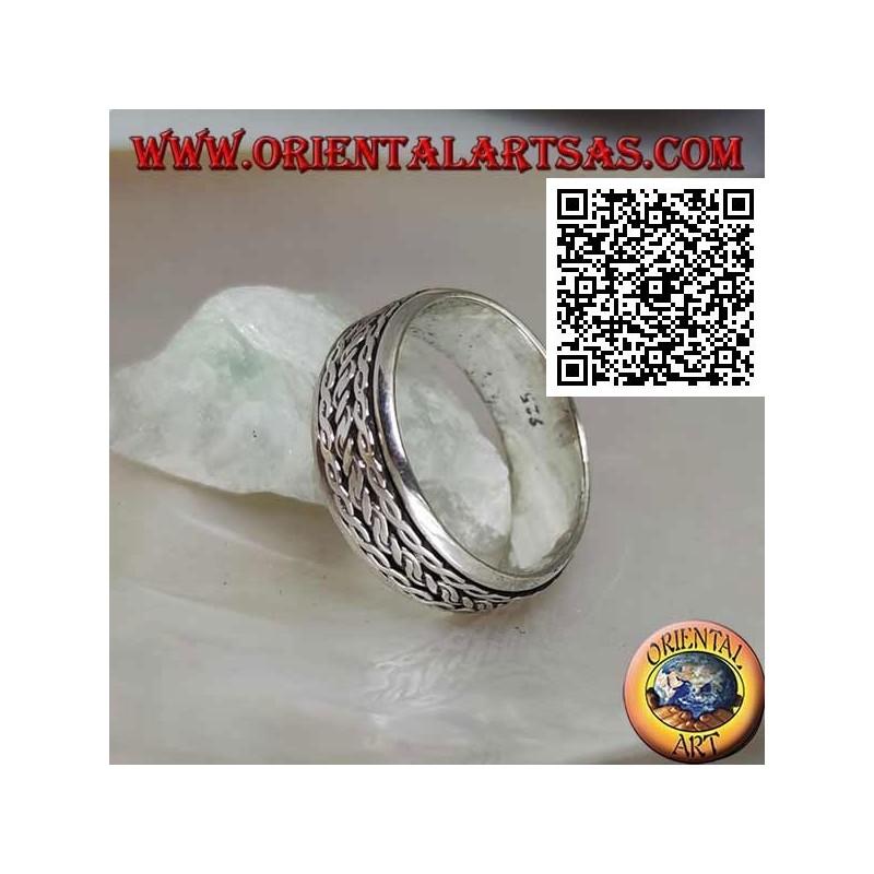 Anti-stress rotating silver band ring, cord rolled between intertwining
