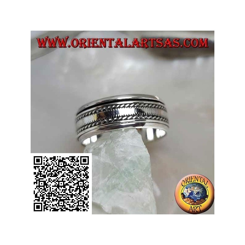 Anti-stress rotating silver band ring, with smooth band between intertwining
