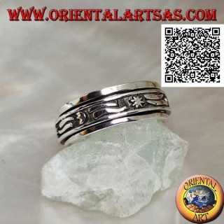Anello fedina in argento girevole antistress, con stelle, lune e striscia in bassorilievo