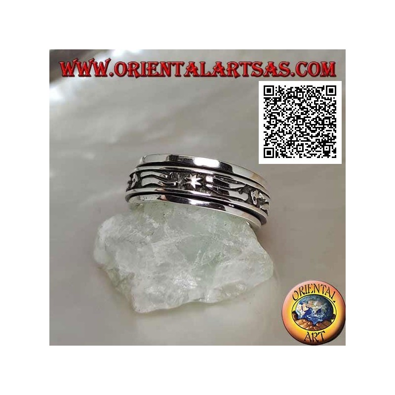 Anti-stress rotating silver ring, with stars, moons and strip in bas-relief