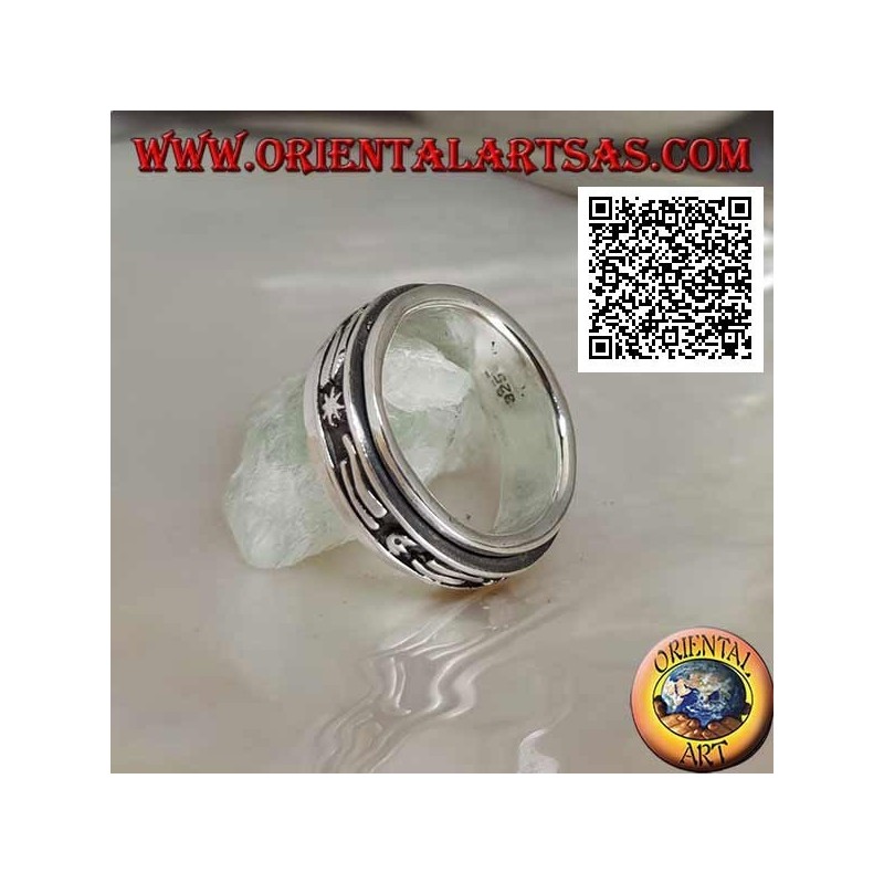 Anello fedina in argento girevole antistress, con stelle, lune e striscia in bassorilievo