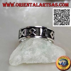 Silver ring with engraved band with symbols and M in bas-relief