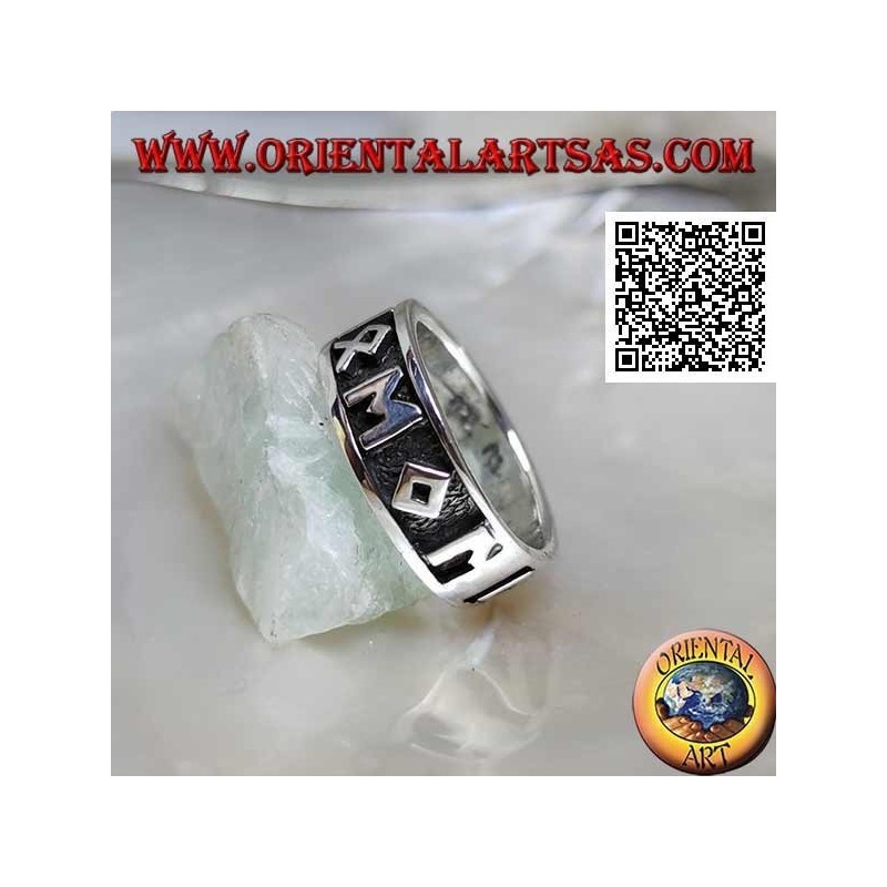 Silver ring with engraved band with symbols and M in bas-relief
