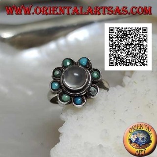 Anillo de plata margarita con piedra de luna redonda cabujón rodeada de turquesa