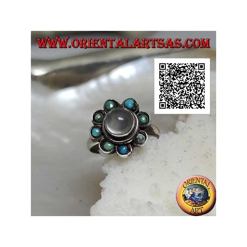 Anello in argento a margherita con pietra di luna tonda cabochon contornata da turchesi