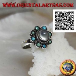 Gänseblümchen-Silberring mit einem runden Cabochon-Mondstein, umgeben von Türkis