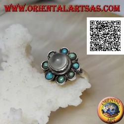 Anillo de plata margarita con piedra de luna redonda cabujón rodeada de turquesa