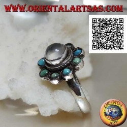 Gänseblümchen-Silberring mit einem runden Cabochon-Mondstein, umgeben von Türkis