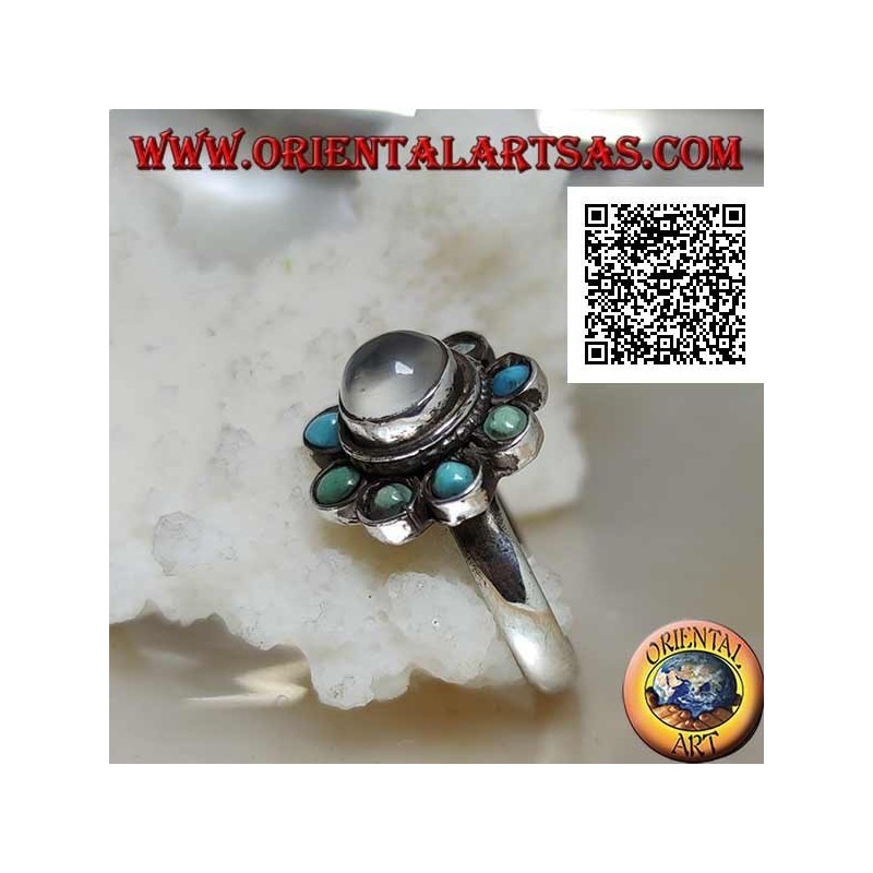 Anello in argento a margherita con pietra di luna tonda cabochon contornata da turchesi