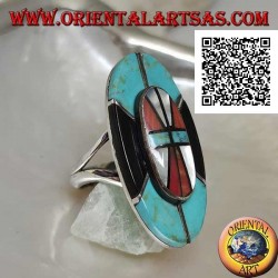 Silver Native American Indian shield ring in turquoise, onyx, mother of pearl and coral mosaic