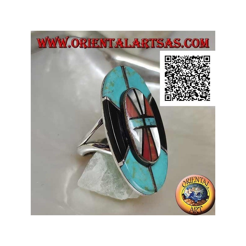 Silver Native American Indian shield ring in turquoise, onyx, mother of pearl and coral mosaic