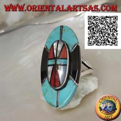 Bague en argent avec bouclier amérindien en turquoise, onyx, nacre et mosaïque de corail