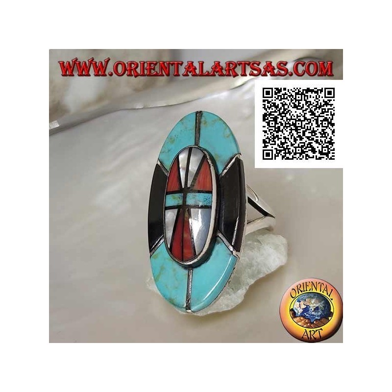 Silberner indianischer Schildring aus Türkis, Onyx, Perlmutt und Korallenmosaik
