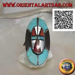 Silver Native American Indian shield ring in turquoise, onyx, mother of pearl and coral mosaic
