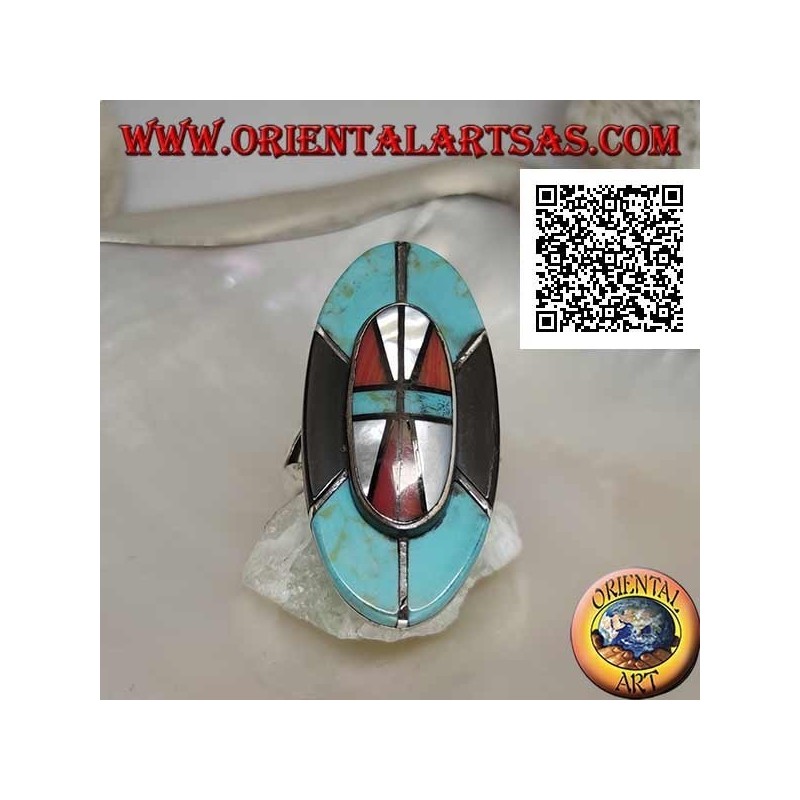 Bague en argent avec bouclier amérindien en turquoise, onyx, nacre et mosaïque de corail