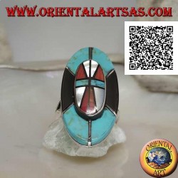 Anillo de plata con escudo indio nativo americano en turquesa, ónix, nácar y mosaico de coral