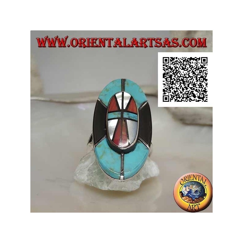 Silberner indianischer Schildring aus Türkis, Onyx, Perlmutt und Korallenmosaik