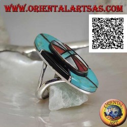Bague en argent avec bouclier amérindien en turquoise, onyx, nacre et mosaïque de corail