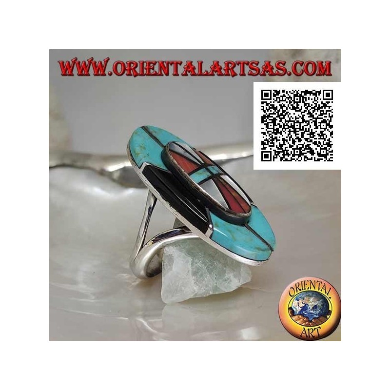 Bague en argent avec bouclier amérindien en turquoise, onyx, nacre et mosaïque de corail