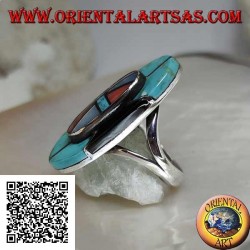 Bague en argent avec bouclier amérindien en turquoise, onyx, nacre et mosaïque de corail