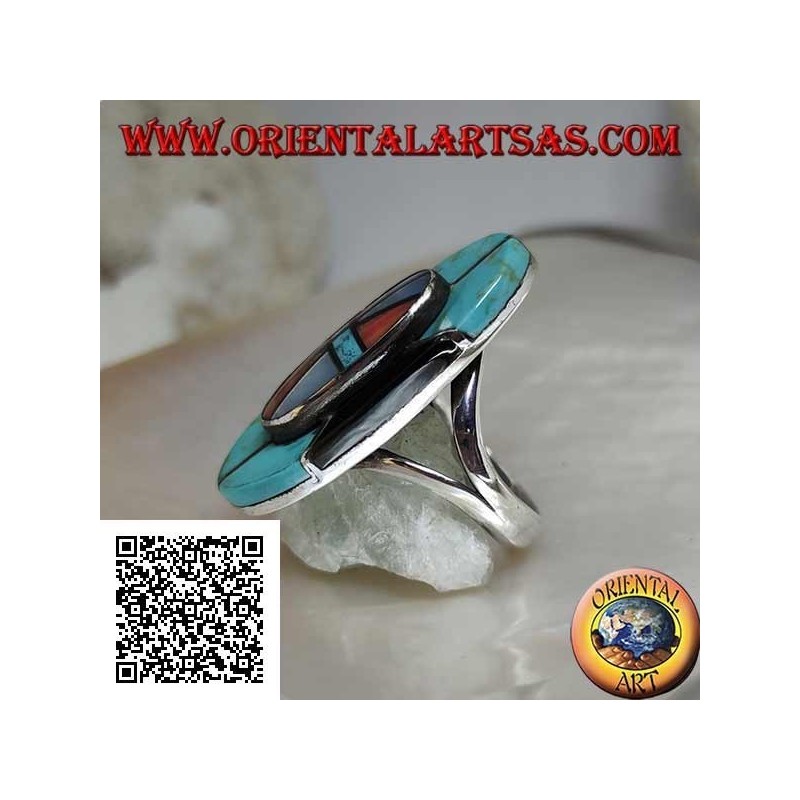Bague en argent avec bouclier amérindien en turquoise, onyx, nacre et mosaïque de corail