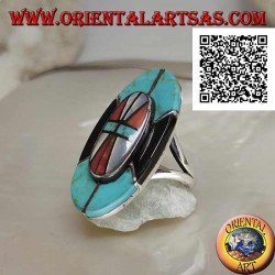 Silver Native American Indian shield ring in turquoise, onyx, mother of pearl and coral mosaic