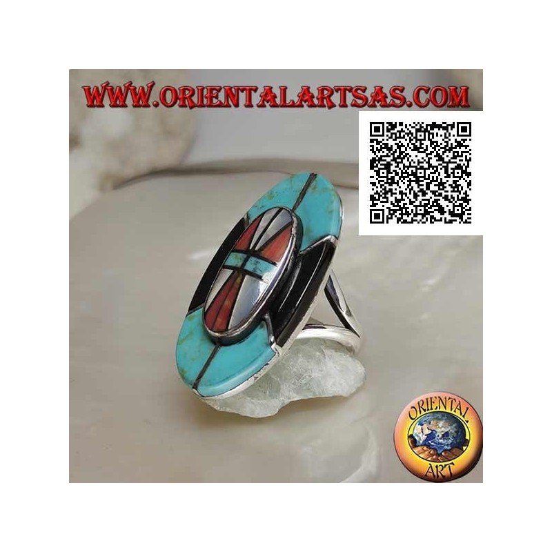 Silberner indianischer Schildring aus Türkis, Onyx, Perlmutt und Korallenmosaik