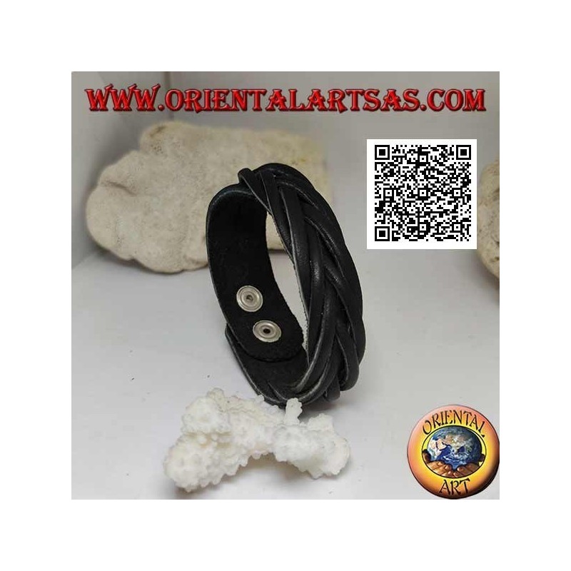 Bracciale in vero cuoio, treccia di 7 fili con chiusura a clip e 2 lunghezze (nero)