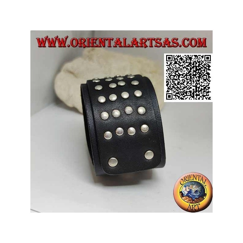Bracelet large en cuir véritable, 4 rangées de clous sur une fermeture à clip et 2 longueurs (noir)