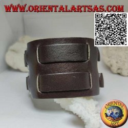 Wide bracelet in real leather, double band between rings with buckle closure and 5 lengths (brown)