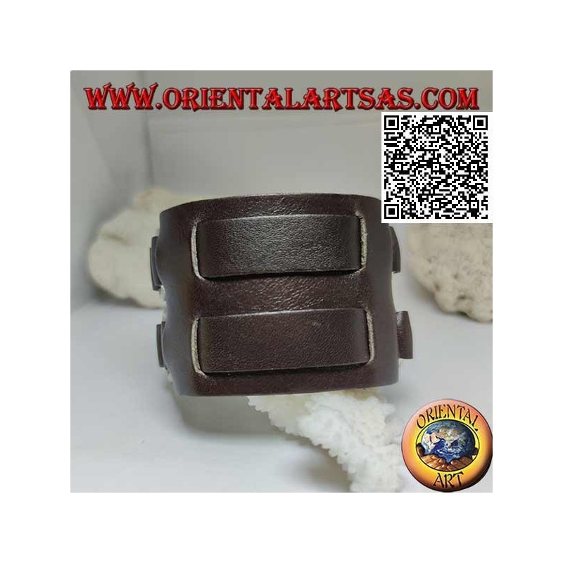 Wide bracelet in real leather, double band between rings with buckle closure and 5 lengths (brown)