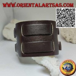Pulsera ancha en cuero auténtico, doble banda entre anillos con cierre de hebilla y 5 largos (marrón)