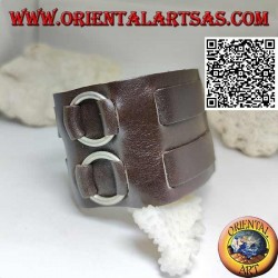 Wide bracelet in real leather, double band between rings with buckle closure and 5 lengths (brown)